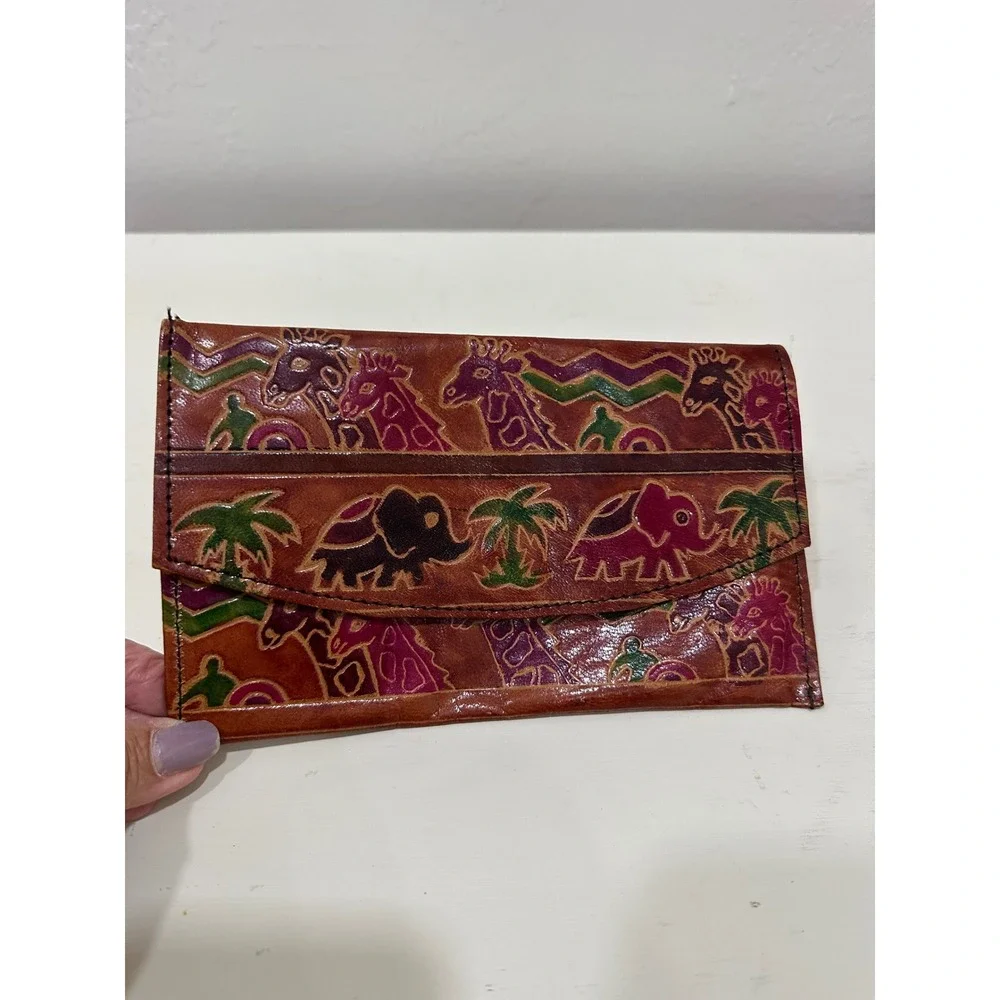 Unbranded Hand Painted Leather Animal Clutch Wallet Elephant Giraffe India Boho